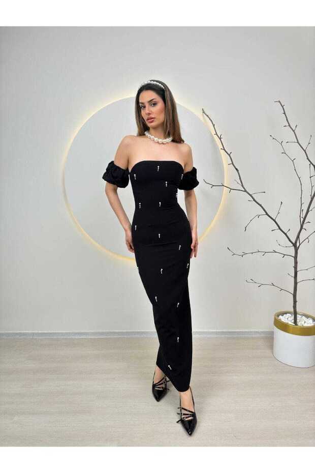 Taş Detaylı Arkadan Yırtmaçlı kaliteli Elbise - 3