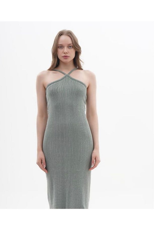 Halter Model, Haki, Eskitme Midi Elbise - 1