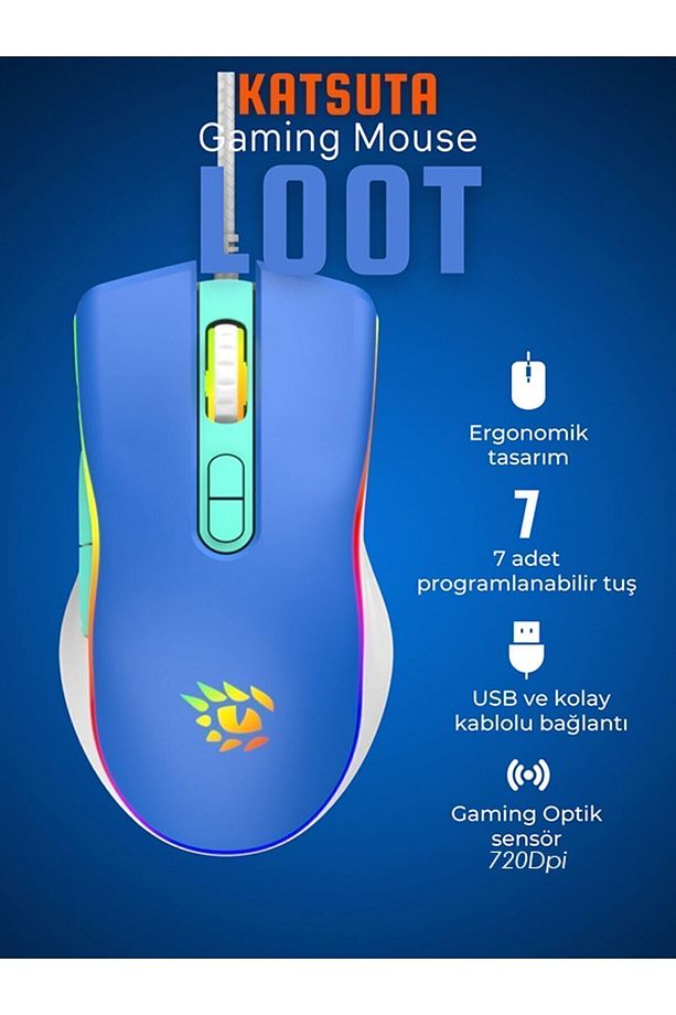 T4-1665 Loot Rgb 7200dpi Mavi Makrolu Gaming Oyuncu Mouse - 1