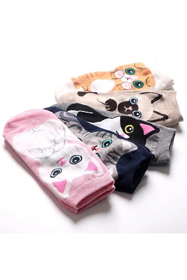 5 Pack Cute Cat Patterned Booties Socks - 4