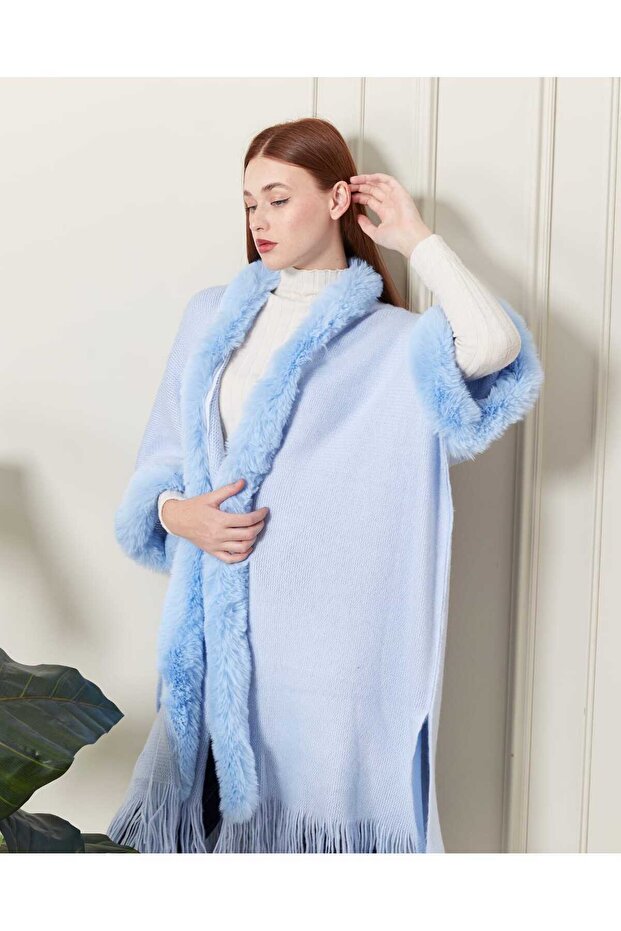 Triko Şardonlu Kürklü Panço 100%100 Akrilik - 5