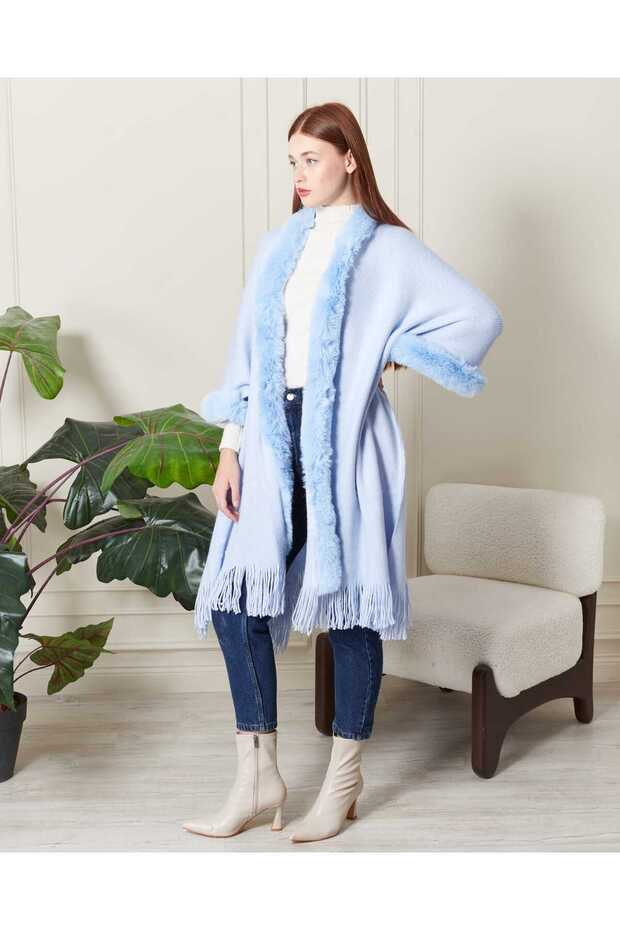 Triko Şardonlu Kürklü Panço 100%100 Akrilik - 3