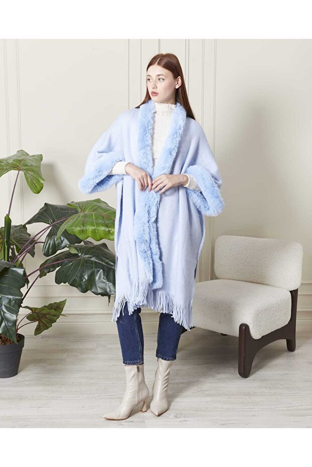 Triko Şardonlu Kürklü Panço 100%100 Akrilik - 1