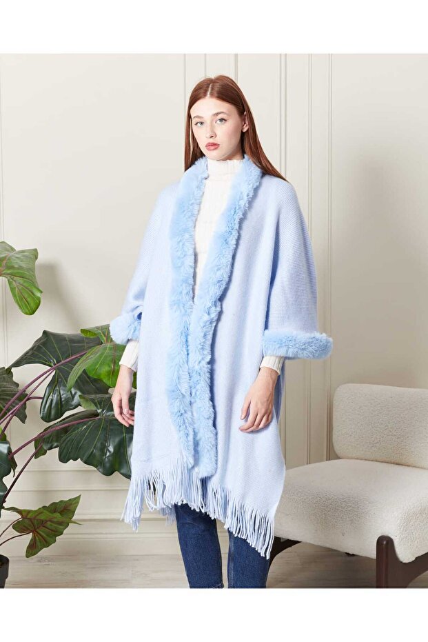 Triko Şardonlu Kürklü Panço 100%100 Akrilik - 2