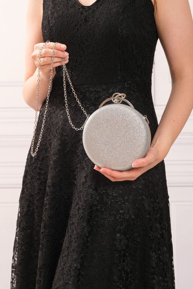 Women's Silver Glitter Sand Round Evening Dress Clutch Portfolio Bag