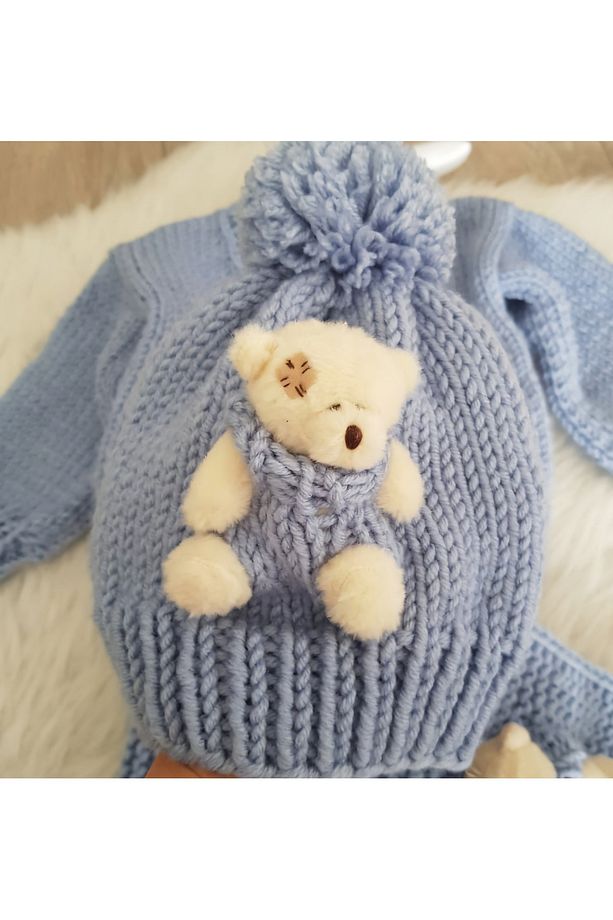 Ayıcıklı El Örgüsü Unisex Bebek Çocuk Hırkası Bere ve Atkı Set - 2