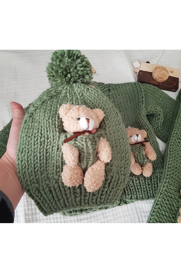 Ayıcıklı El Örgüsü Unisex Bebek Çocuk Hırkası Bere ve Atkı Set - 2