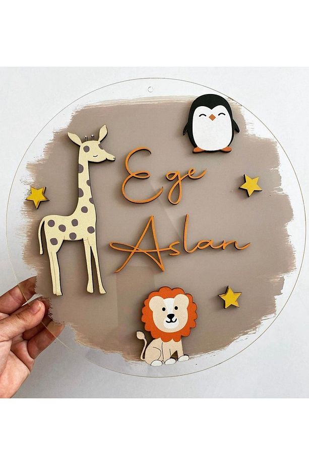 Aslan Penguen Zürafa Kapı Süsü-isme Özel Bebek Kapı Süsü - 1