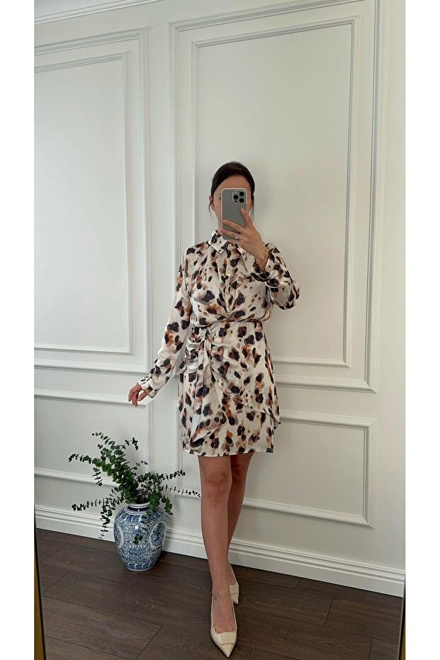 Satin Leopard Patterned Stylish Dress - 1