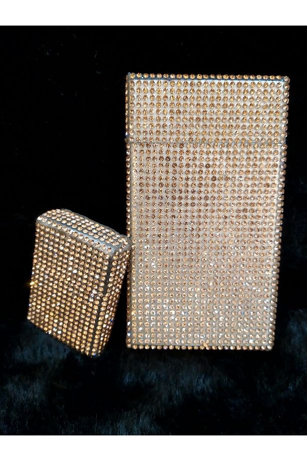 Parlak Gold Taş Kaplama Slim (İNCE) Uzun Sigara Kutusu Ve Zippo Çakmak Seti - 5