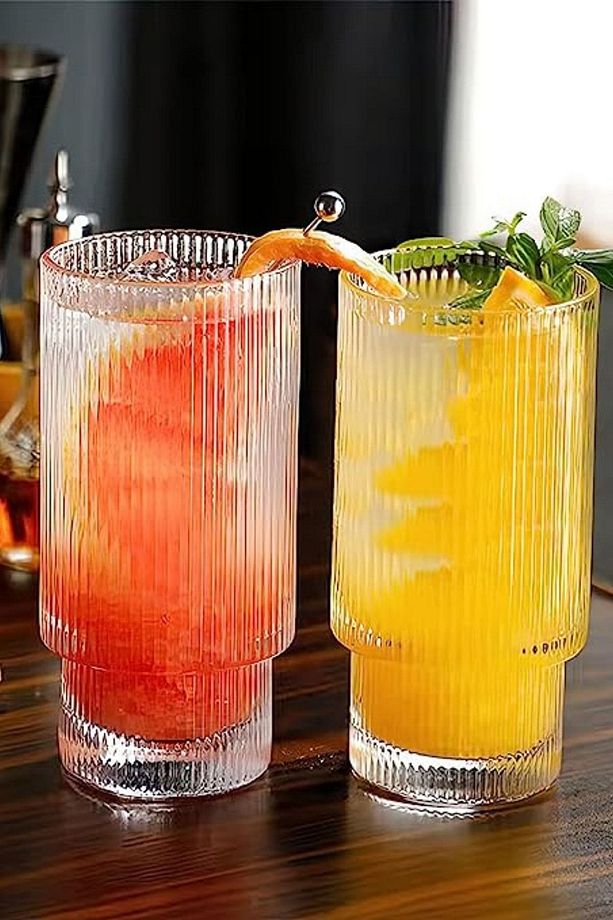 Çizgili Yeni Tasarım Cam Bardak Meşrubat, Latte, Neskafe, Kokteyl, Su Bardağı 400 ml 2 Adet - 2812 - 5