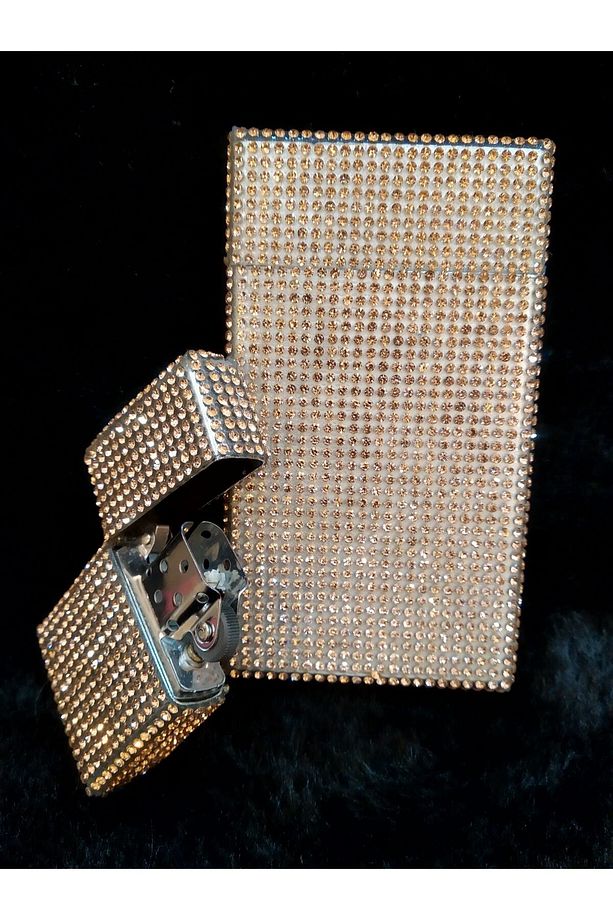 Parlak Gold Taş Kaplama Slim (İNCE) Uzun Sigara Kutusu Ve Zippo Çakmak Seti - 3