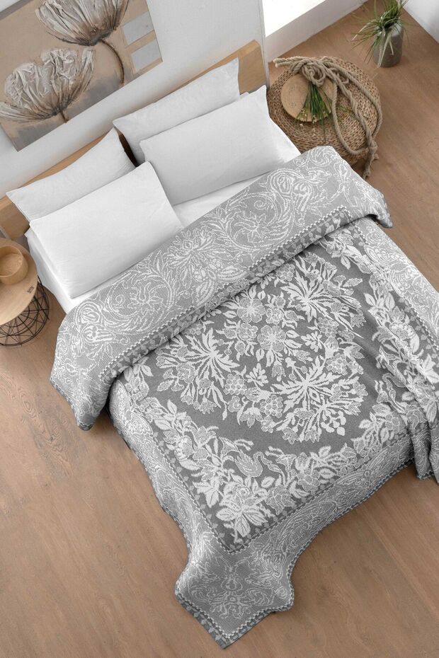 غطاء سرير قطني لاريا جاكار رمادي - 230x250 سم