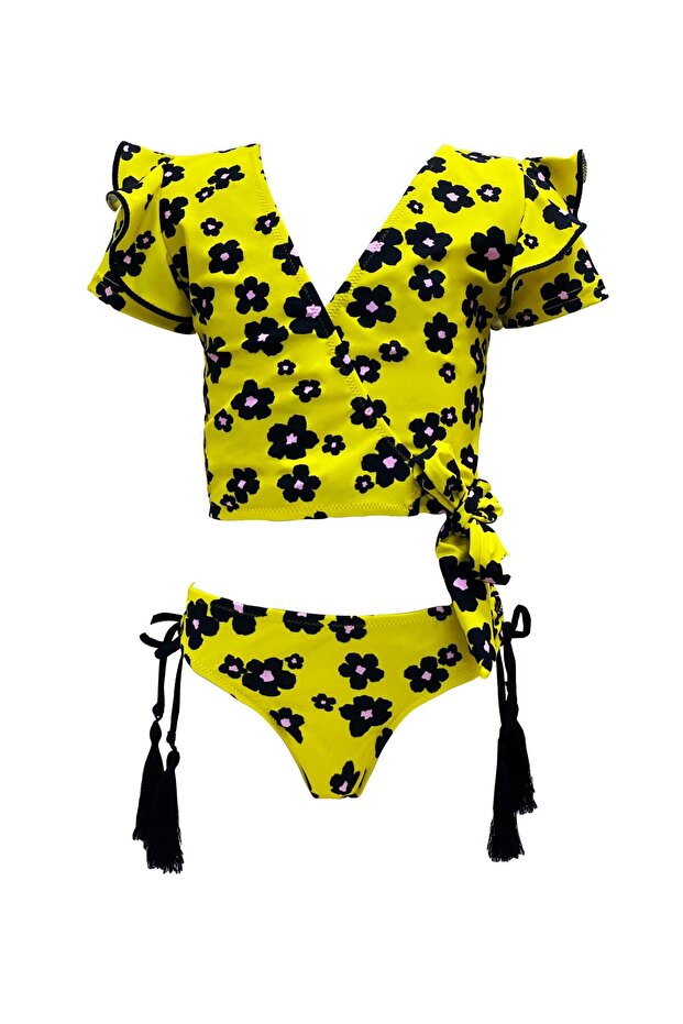 Daisy Patterned V-Neck Tassel Detailed 50Uv Girls Bikini Set by Nessi Byrd