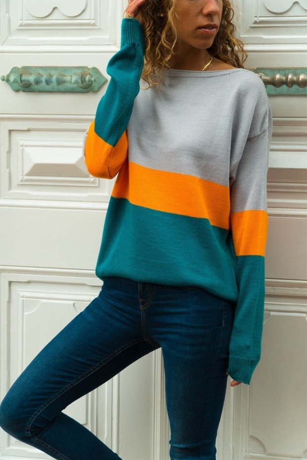 Women's Three Block Sweater Gray-orange-oil