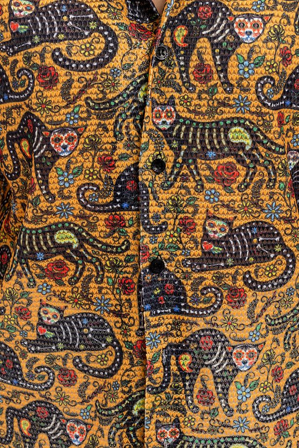 Kadın Kedi ve Gül Desenli %100 Polyester Örme Kısa Kollu Gömlek - 6