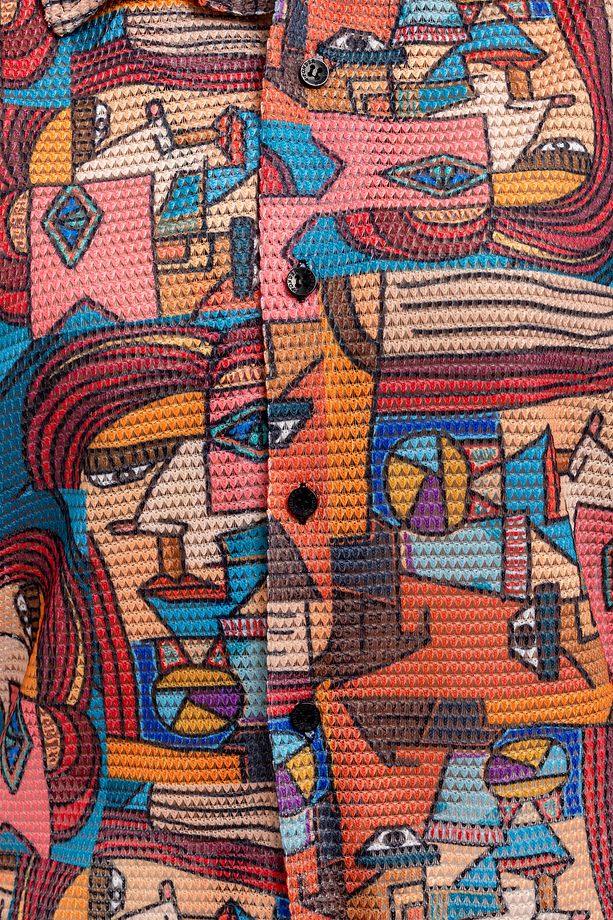 Kadın Picasso Desenli %100 Polyester Örme Kısa Kollu Gömlek - 6