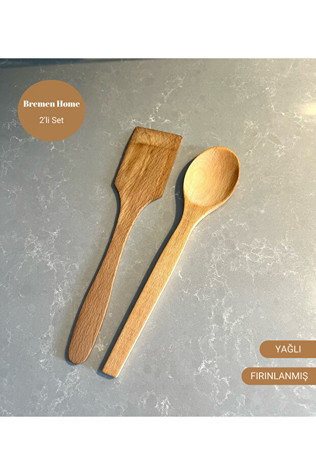 2-Piece Wooden Kitchen Set, Serving Spoon and Spatula (Baked-Oil)