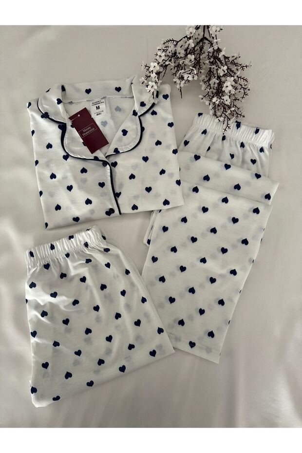 Set de 3 pijamale din bumbac moale, albastru bleumarin - 1