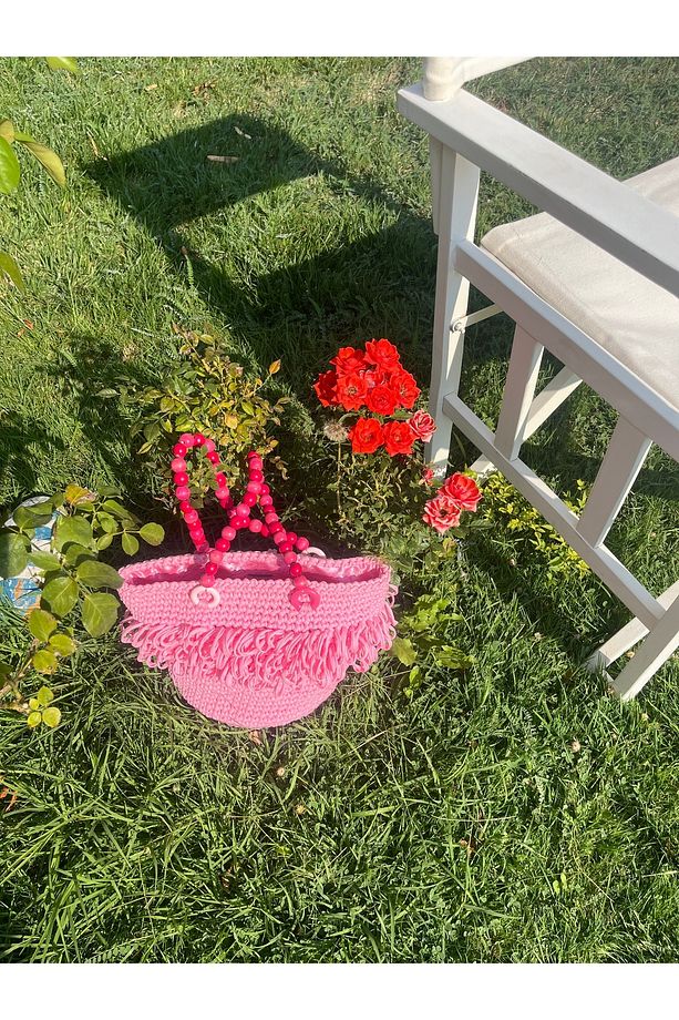 Pembe Penye İp El Yapımı Çanta, Tahta Boncuk Askı, Gül Desenli Astar - 7