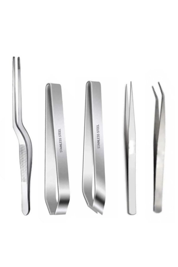 Set of 5 Transparent Tweezers - Straight, Oblique and Fish Tweezers Flat Straight Collet Food Pastry Tweezers