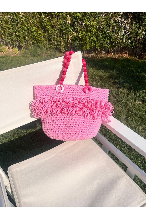 Pembe Penye İp El Yapımı Çanta, Tahta Boncuk Askı, Gül Desenli Astar - 5