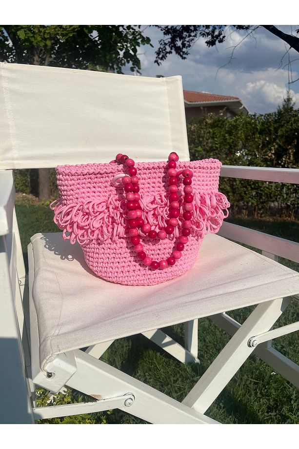 Pembe Penye İp El Yapımı Çanta, Tahta Boncuk Askı, Gül Desenli Astar - 6