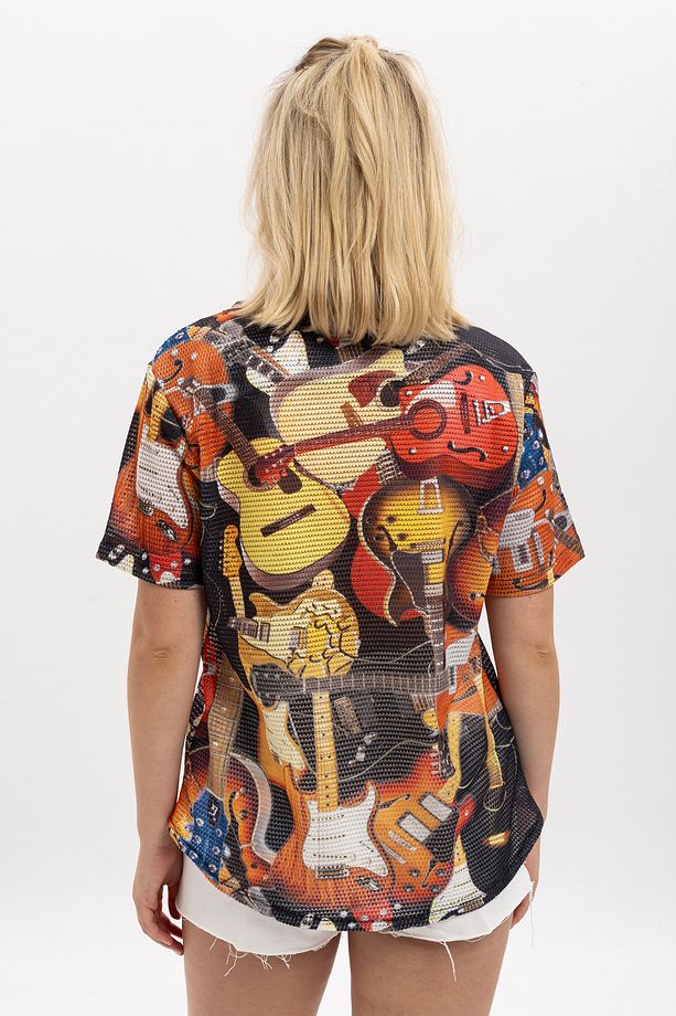 Kadın Gitar Desenli %100 Polyester Örme Kısa Kollu Gömlek - 6