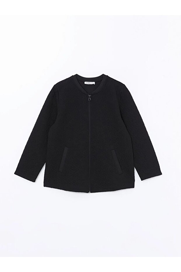 Lcw Grace New Black Crew Neck Self-Patterned Women's Zipper Sweatshirt