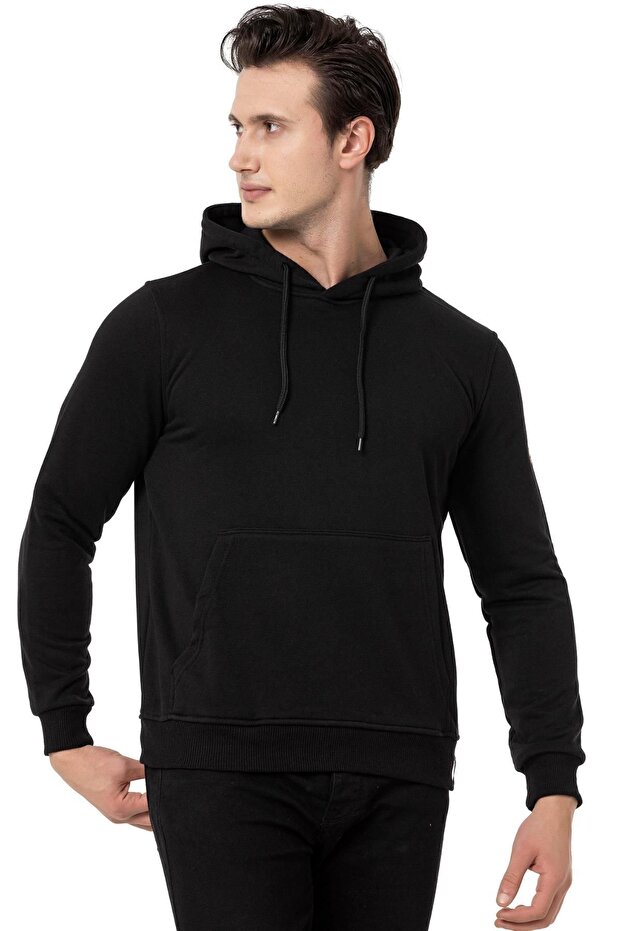 Siyah Erkek Kapüşonlu Basic Sweatshirt M1518ts - 2
