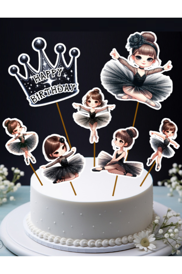 7-Piece Black Young Girl Ballerina Large Cake Toothpick Cake Topper Cupcake Birthday Decorations