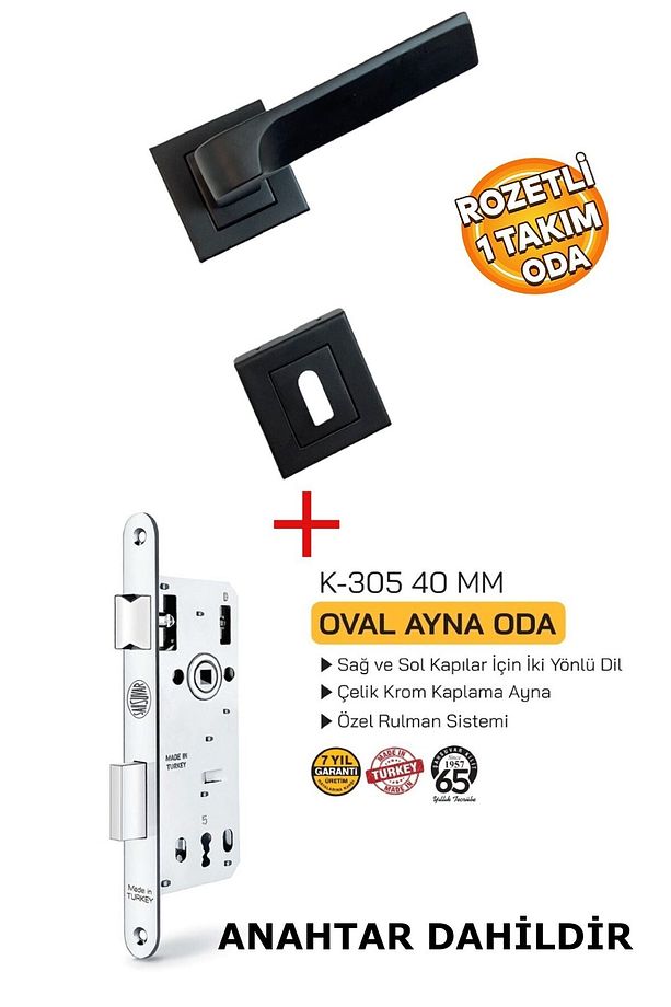DİKMEN Paslanmaz Çelik Mat Siyah Kare Rozetli Oda Kapı Kolu ve Şahsuvar Oda Kapı Kilidi 40 MM (SET) - 1