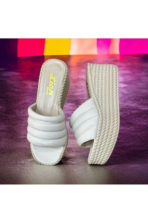 Dolgu Topuk Hasır krem  Terlik - 2