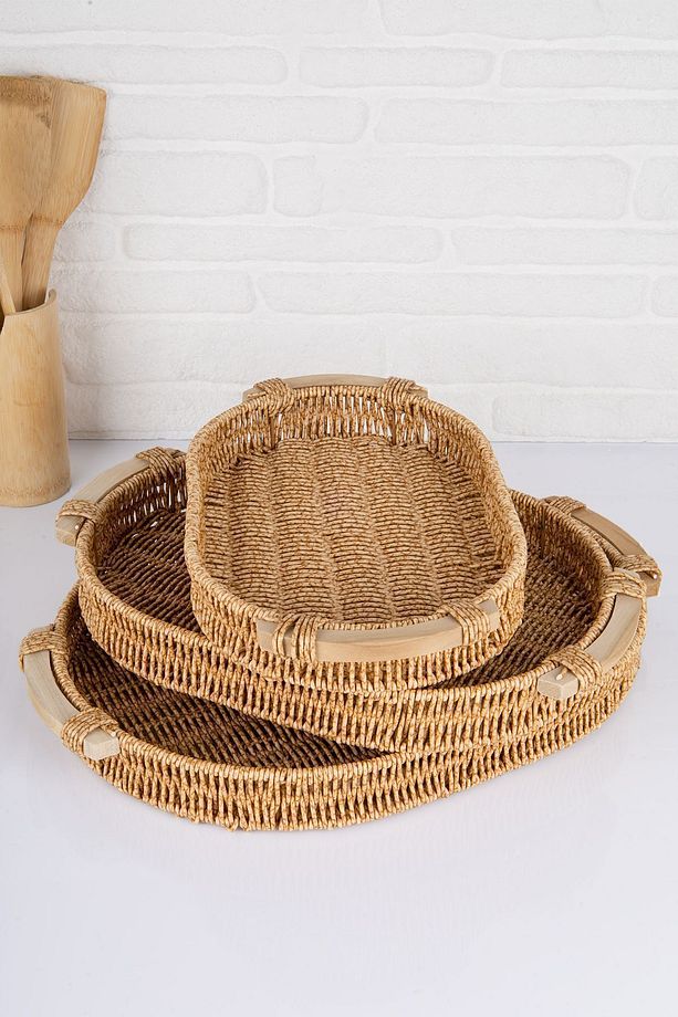 3 'lü Rattan Ahşap Kulplu Tepsi Seti - 2