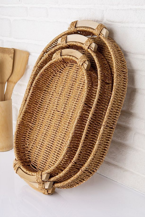 3 'lü Rattan Ahşap Kulplu Tepsi Seti - 3