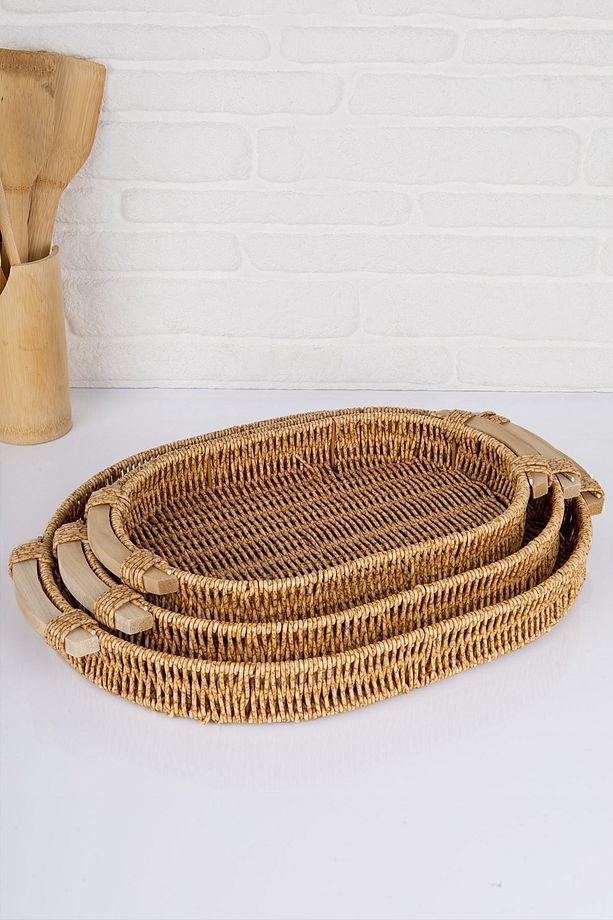 3 'lü Rattan Ahşap Kulplu Tepsi Seti - 1