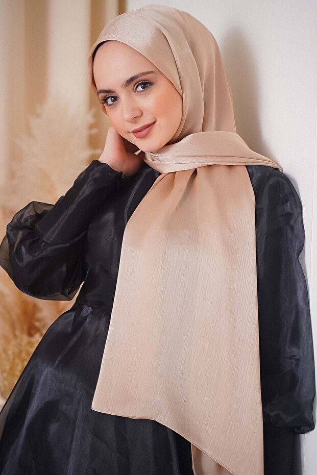 Evening Dress Janjan Shiny Satin Textured Hijab Evening Dress Chiffon Gold Shawl