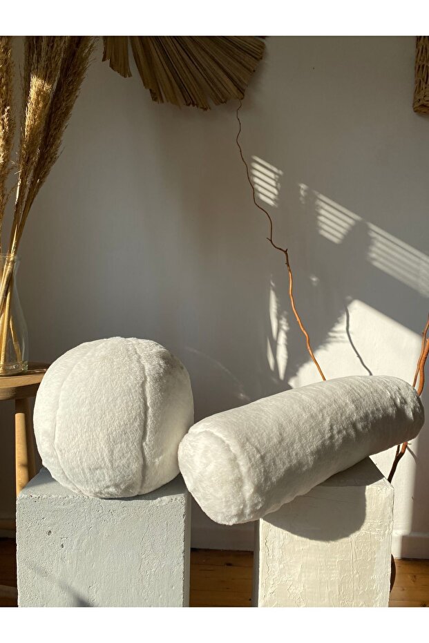 Plush Ball Pillow Cylinder Pillow White Ball Pillow White Cylinder Pillow Set of 2