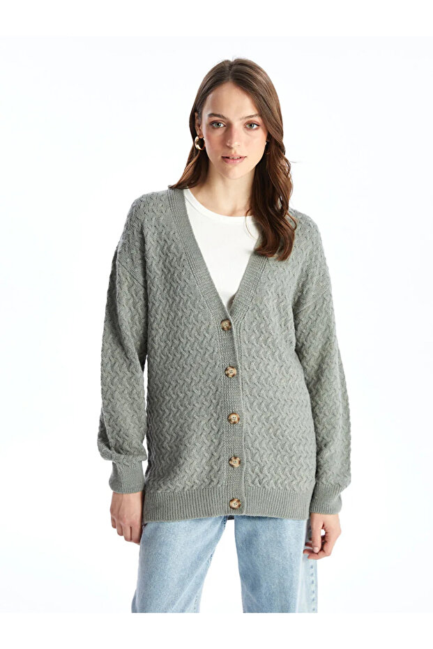 LCWAIKIKI Basic V Yaka Kendinden Desenli Uzun Kollu Kadın Triko Hırka - 2