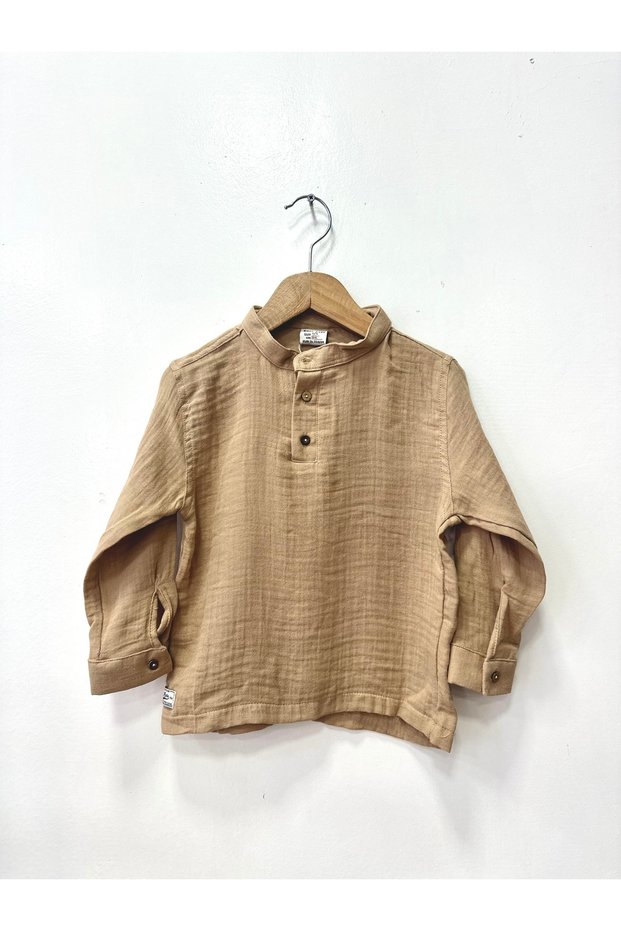 Organic Hakim Yaka Muslin Shirt Dark Beige Color
