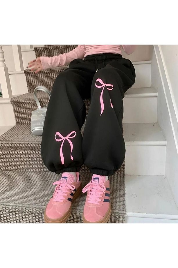 Siyah Oversize Yazlık Eşofman Altı Jogger Şardonlu 2ip - Yüksek Bel Lastik Paça Pembe Fiyonk - 2
