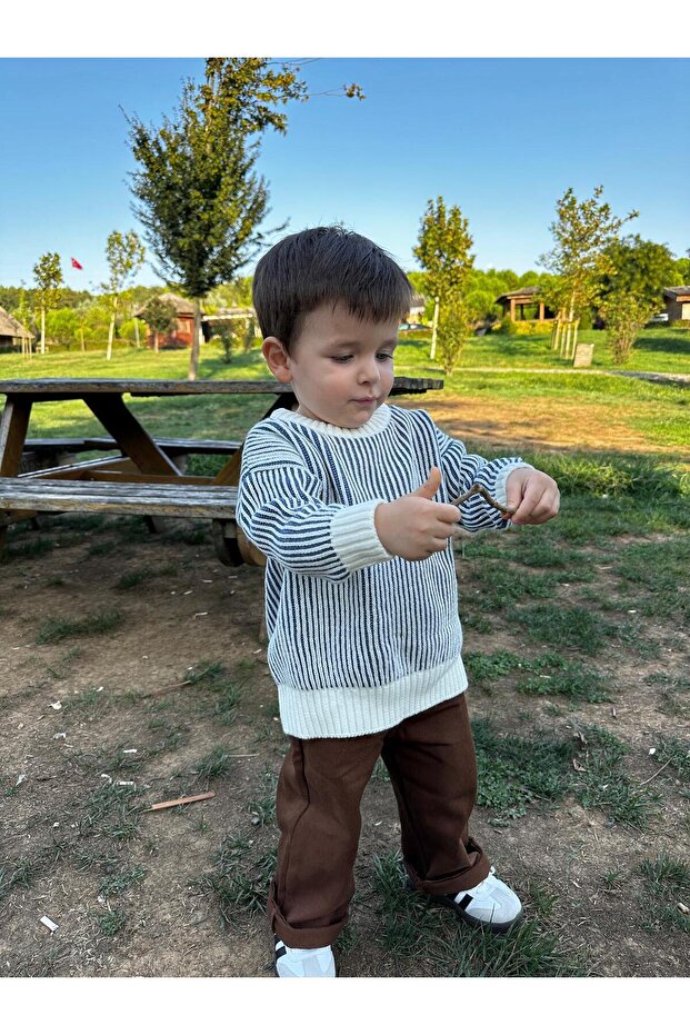 Striped Thessaloniki Knitted Oversize Children's Sweater (Wide Fit, Please Choose the Full Size)