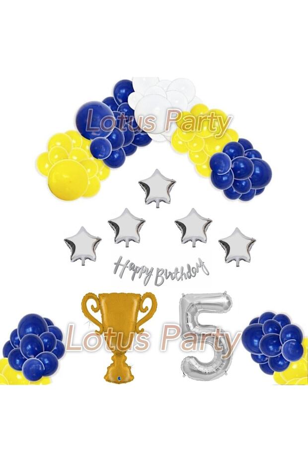 5 Year Old Themed Balloon Set - Yellow Navy Blue White Balloon - Mug and Number Foil Balloon