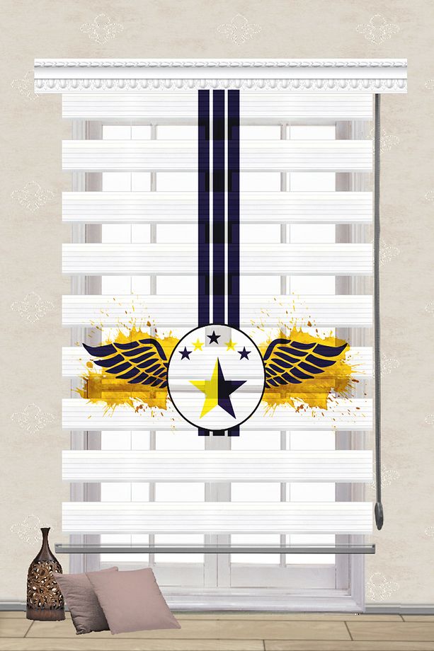 Taraftar Lacivert Sarı Yıldız Baskılı Zebra Perde Genç Çocuk Odası Zebra Perde Sr-3325 - 1