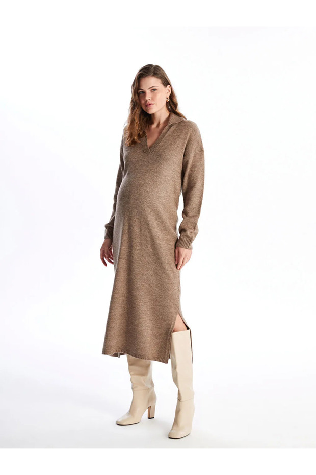 Lcwaikiki Maternity Mink Polo Collar Plain Long Sleeve Maternity Knitwear Dress