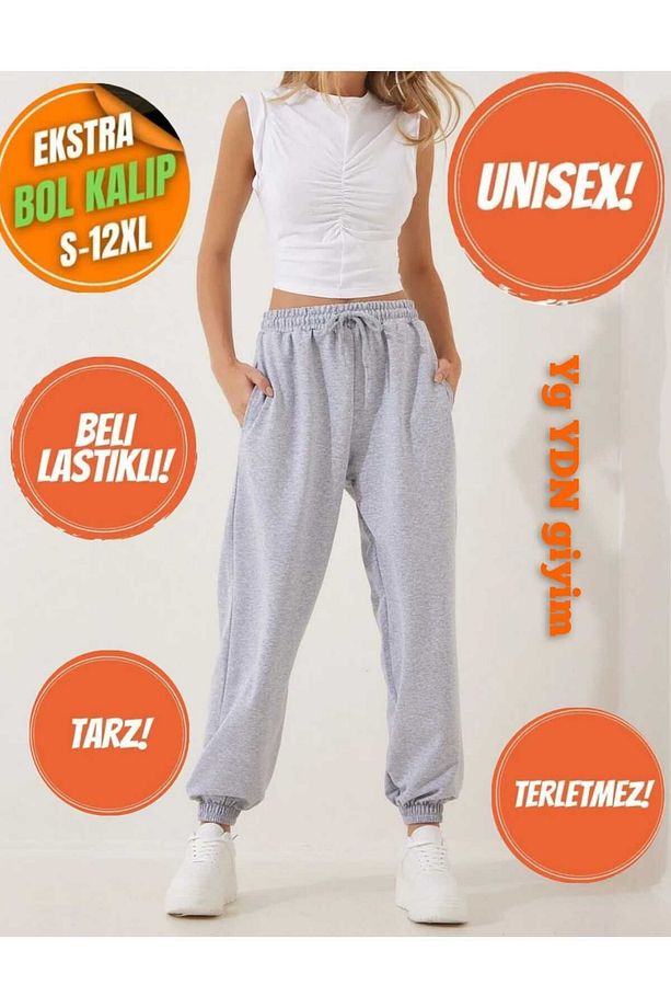 Unisex Gri Yüksek Bel Joggers-jogger Eşofman-paça Lastikli - 1