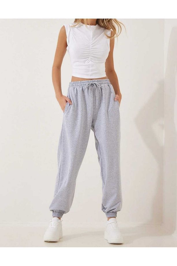 Unisex Gri Yüksek Bel Joggers-jogger Eşofman-paça Lastikli - 3