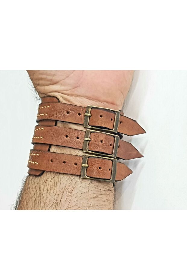 Three-Belt Stitched Brown Leather Bracelet