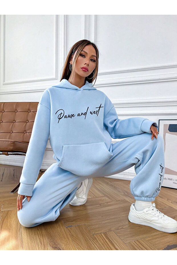 Pause Kapüşonlu Kombin Alt Üst Eşofman Takımı - Bebe Mavi Baskılı Oversize Lastik Paça - 1