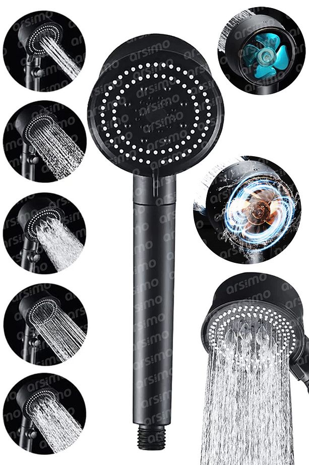 Turbo Fan Pervaneli 5 Fonksiyonlu Su Tasarruflu Duş Başlığı | Pervaneli Turbo El Duşu Siyah - 1